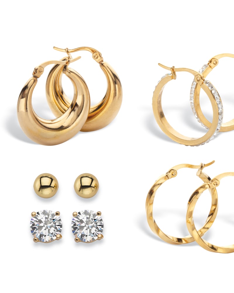 Front of a size One Size 4 Cttw. 5-Pair CZ Stud & Hoop Set Goldtone & Gold Ion Plated Stainless Steel in Yellow by PalmBeach Jewelry. | dia_product_style_image_id:332980